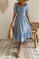 Plaid Cutout Square Neck Smocked Dress
