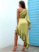 Satin One-Shoulder Ruffle Hem Cutout Dress