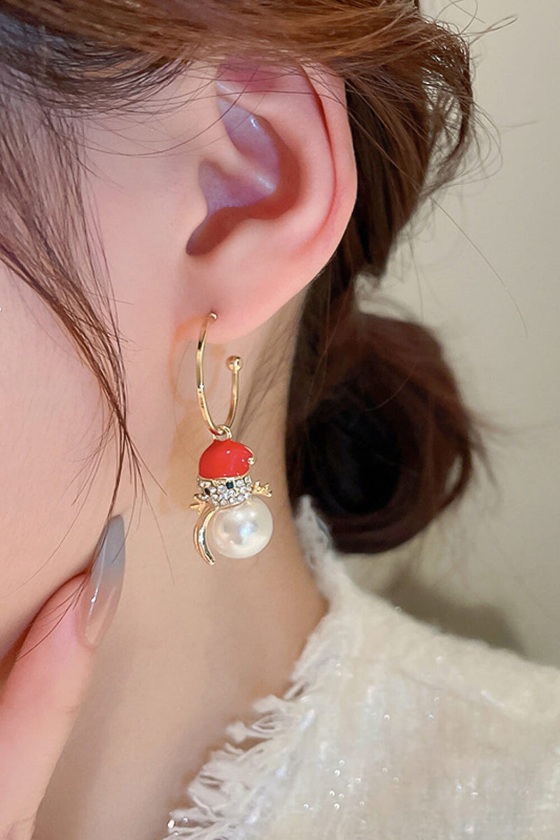 Christmas Rhinestone Pearl Snowman Drop Earrings