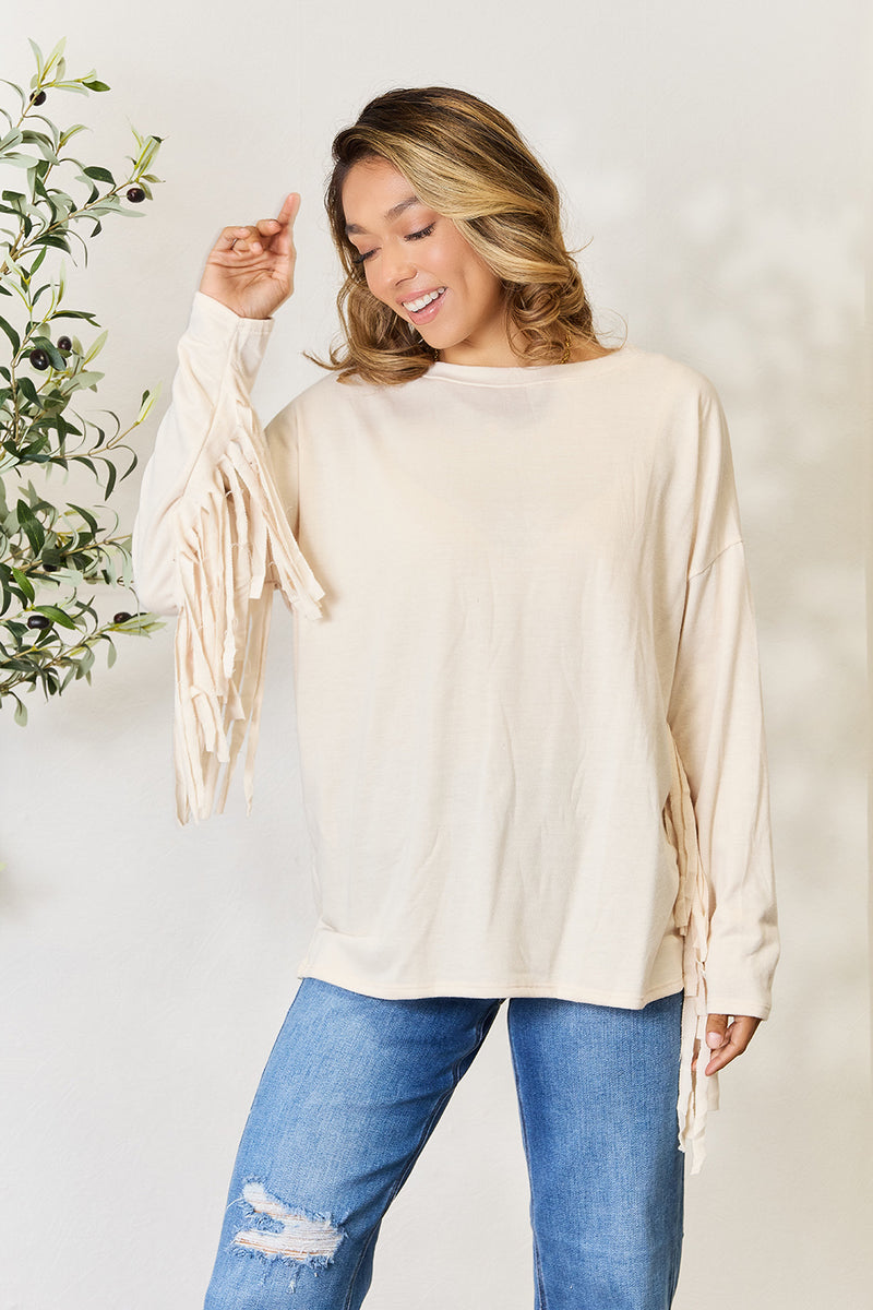 Celeste Full Size Fringe Detail Long Sleeve Blouse