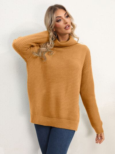 Slit Turtleneck Dropped Shoulder Sweater