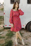Printed Square Neck Flounce Sleeve Ruffle Hem Dress