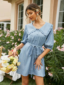 Polka Dot Tie-Waist Statement Collar Mini Dress