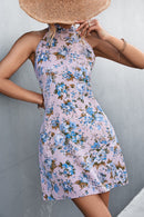 Floral Mock Neck Tie Back Sleeveless Dress