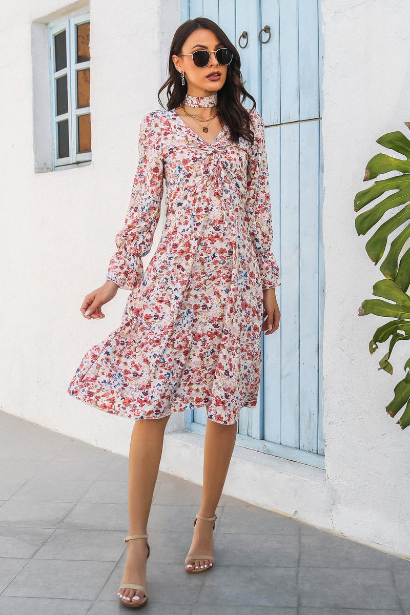 Floral Flounce Cuff Ruched V-Neck Dress
