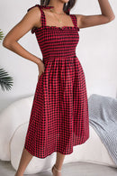 Plaid Tie Shoulder Frill Trim Midi Dress