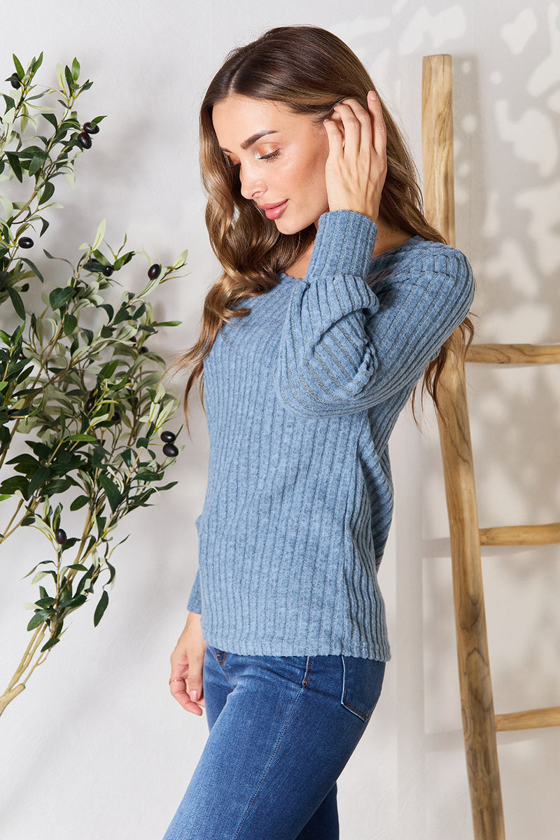 Double Take Ribbed Round Neck Lantern Sleeve Blouse