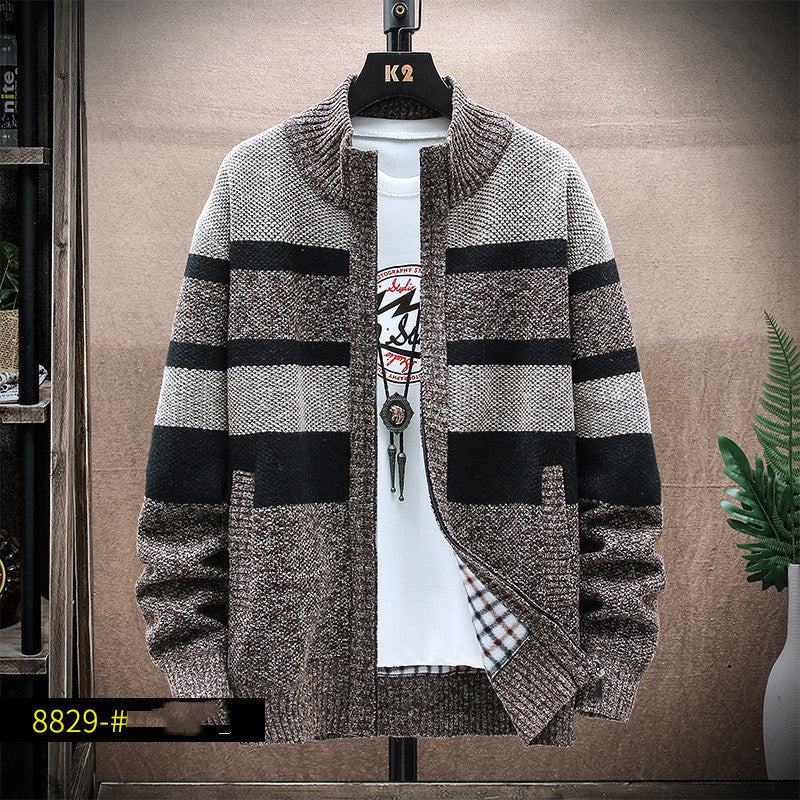 Stand-up Collar Striped Men's Plus Fleece Sweater Knit Sweater