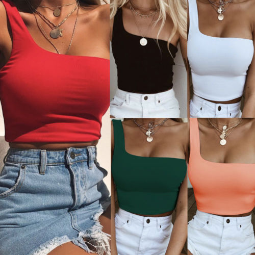 Female One Shoulder Crop Tops Sleeveless T-Shirt