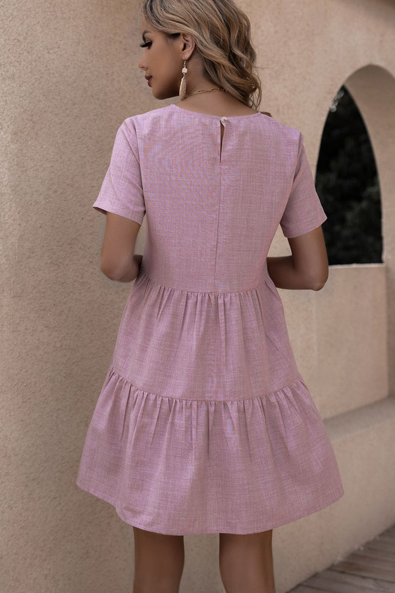 Decorative Button Tiered Short Sleeve Dress