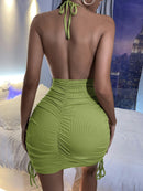 Round Neck Halter Neck Drawstring Lace Up Backless Slim Short Dress