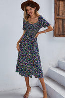 Ditsy Floral Side Slit Flounce Sleeve Dress
