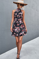 Floral Mock Neck Tie Back Sleeveless Dress