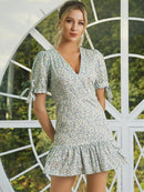 Floral Tie-Cuff Puff Sleeve Ruffle Hem Dress