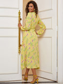 Floral Tie Waist Ruffled V-Neck Dress