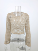 Round Neck Crochet Bell-Sleeved Cropped Beach Cover-ups