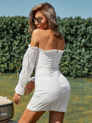 Eyelet Frill Trim Flounce Sleeve Off-Shoulder Dress