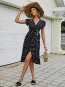 Multicolored Polka Dot Button Detail Tied Dress