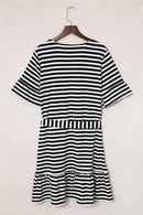 Striped Tie Waist Frill Trim Dress
