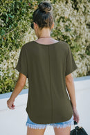 Decorative Button Curved Hem V-Neck Top