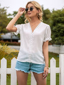Flounce Cuff Lace Trim V-Neck Blouse