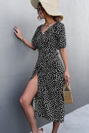 Printed Elastic Cuff Tie Waist Wrap Dress