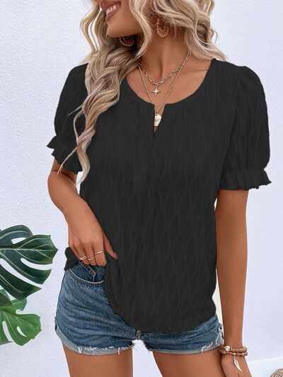 Ruffled Notched Short Sleeve T-Shirt