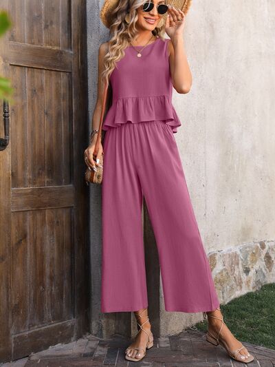 Ruffled Round Neck Tank and Pants Set