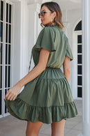 Tie Neck Tiered Flutter Sleeve Dress