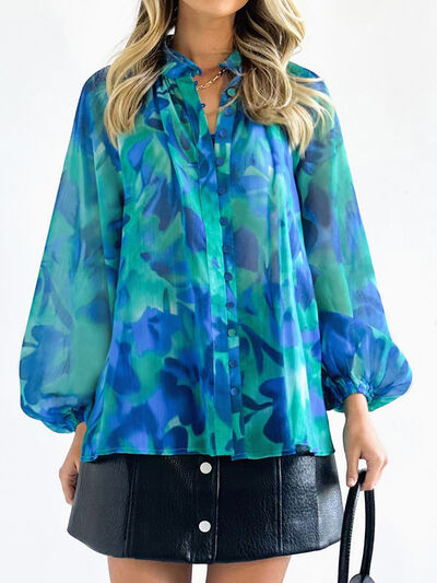 Printed Button Up Balloon Sleeve Shirt