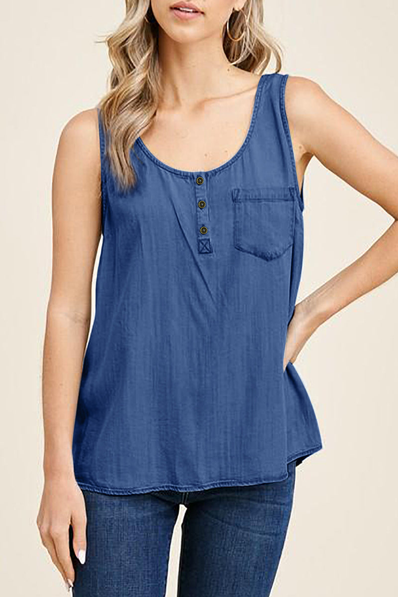 Denim Scoop Neck Quarter Button Down Tank