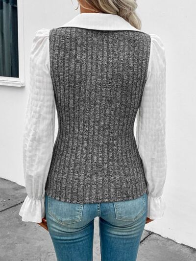 Johnny Collar Flounce Sleeve Knit Top