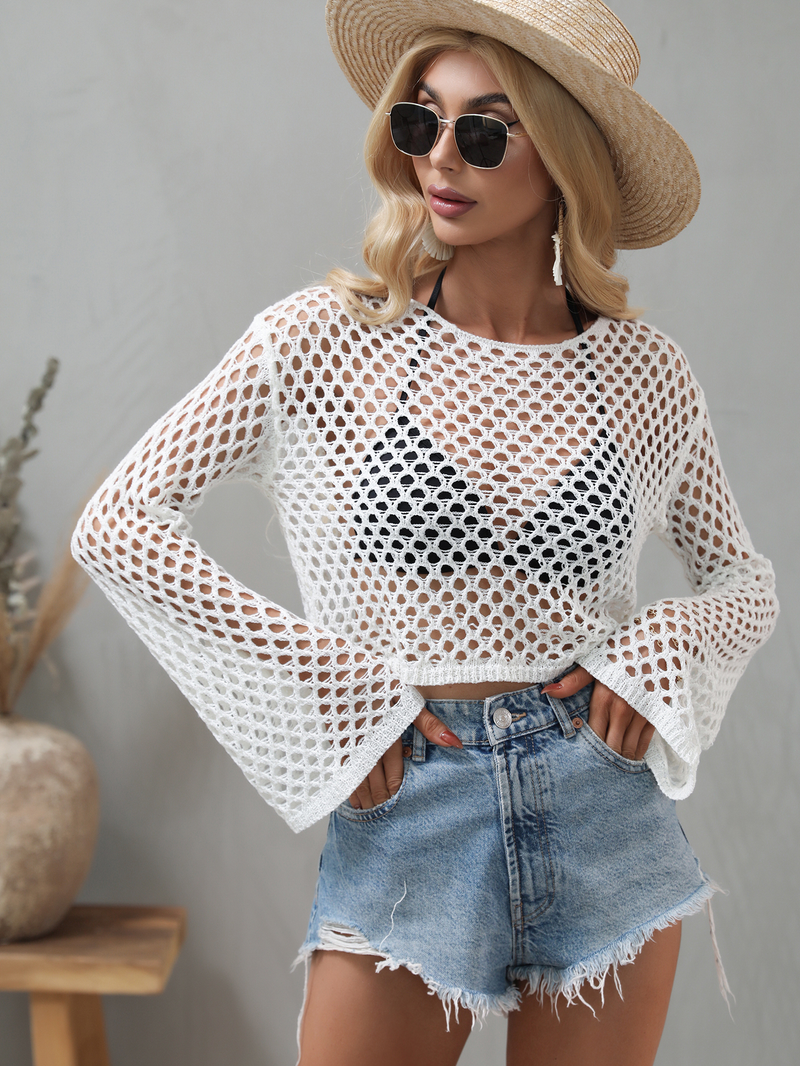 Round Neck Crochet Bell-Sleeved Cropped Beach Cover-ups