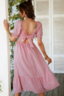 Plaid Cutout Square Neck Smocked Dress