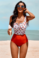 Orange Square Neck Sleeveless Fashion Print Tankini Set