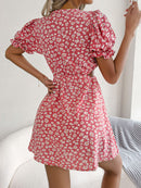 Floral Cutout Flounce Sleeve Dress
