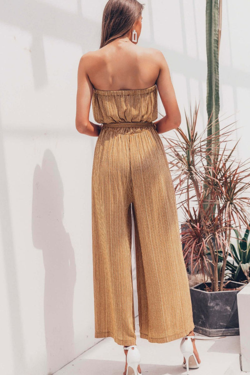 Striped Strapless Belted Wide Leg Jumpsuit