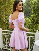 Ruched Cutout Tied Puff Sleeve A-Line Dress