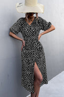 Printed Elastic Cuff Tie Waist Wrap Dress