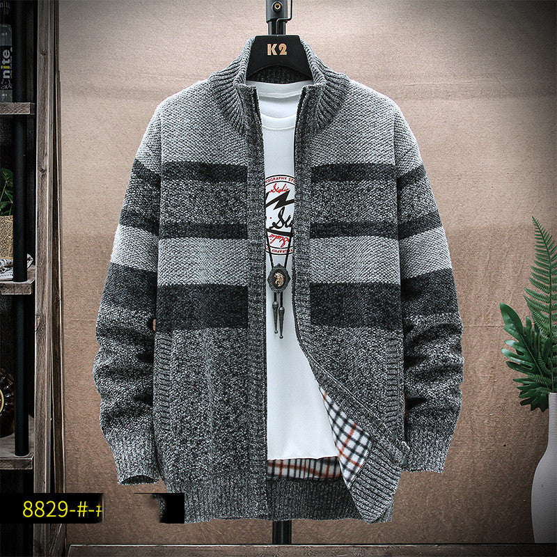 Stand-up Collar Striped Men's Plus Fleece Sweater Knit Sweater