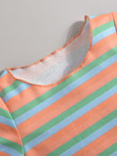 Girls Striped T-Shirt and Button Fly Denim Shorts