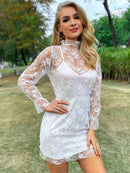 Lace Mock Neck Keyhole Mini Dress