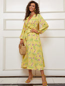 Floral Tie Waist Ruffled V-Neck Dress