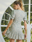 Floral Tie-Cuff Puff Sleeve Ruffle Hem Dress