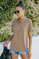 Decorative Button Curved Hem V-Neck Top