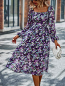 Floral Square Neck Smocked Balloon Sleeve Dress