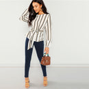 Elegant Striped Print Scoop Neck Long Sleeve Blouse