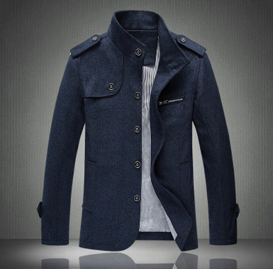 Winter new men's stand-up collar woolen trench coat