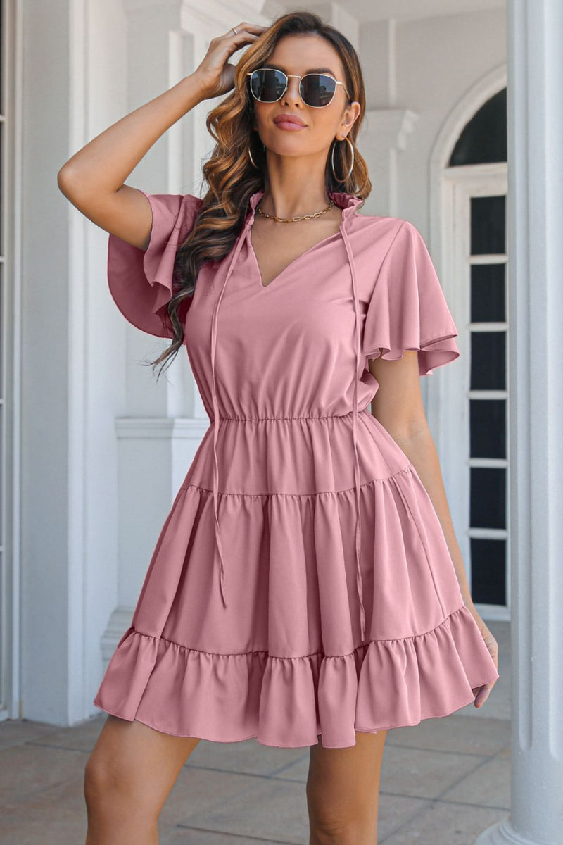 Tie Neck Tiered Flutter Sleeve Dress