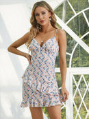 Floral Ruffled Spaghetti Strap Plunge Dress